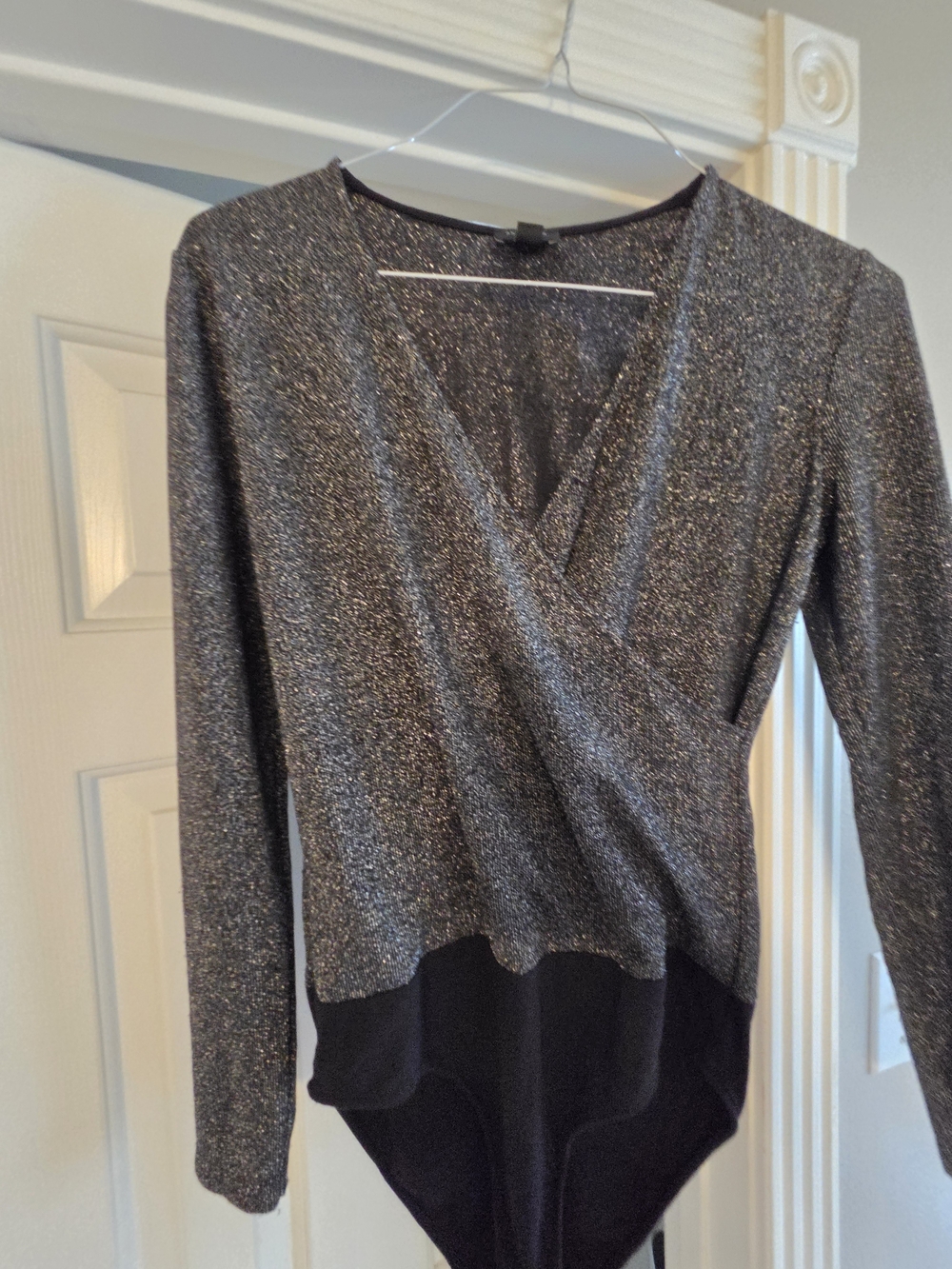 Ann Taylor Factory Silver Metallic Wrap Bodysuit with Black Bottom